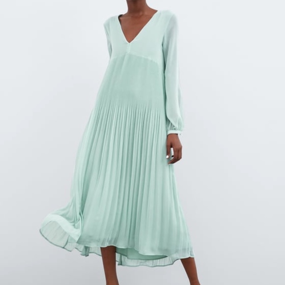 zara pleated dress green
